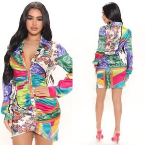 NWT FASION NOVA M- L Satin Shirt Dress - Multi Color